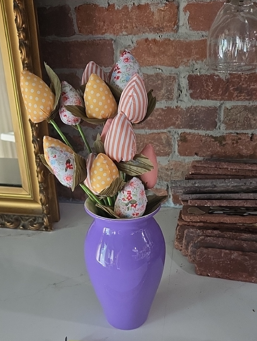 Source Unknown Purple Vase with Mixed Fabric Tulip Stems